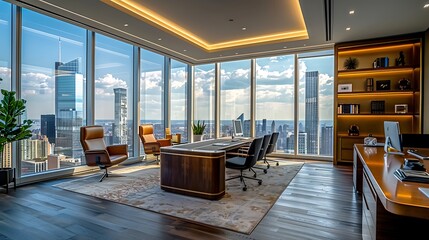 Wall Mural - A luxurious high-rise office with expansive windows providing breathtaking views of the cityscape, modern furniture, elegant decor, and natural light enhancing the space,