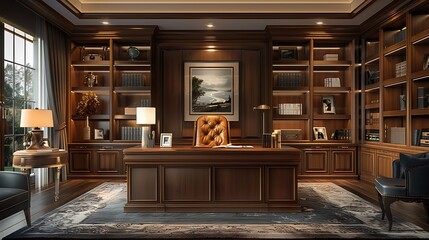 Wall Mural - A luxury home office featuring a large wooden desk, leather executive chair, sophisticated decor including framed artwork and a library of books, warm lighting, and a cozy yet professional atmosphere,