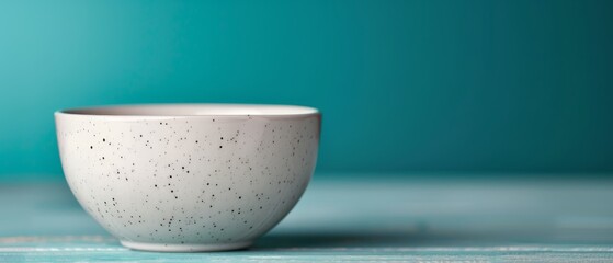 Sticker -  A white bowl, speckled with black, rests on a blue surface Behind it, a teal wall stands