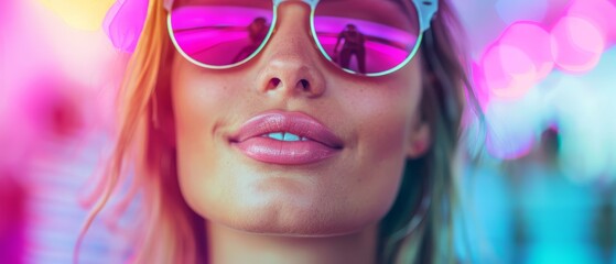  A woman in focus, donning pink sunglasses and a pink flower in her hair Background softly blurred