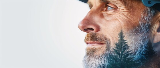 Wall Mural -  A close-up of a man wearing a helmet with trees on either side of his face