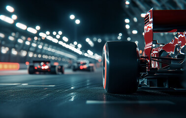 Red Race Car On Track At Night.