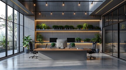 Wall Mural - A modern high-tech office with a setup of multiple monitors, smart devices, sleek ergonomic furniture, ambient LED lights, and a clean, minimalist design, creating an advanced and efficient workspace,