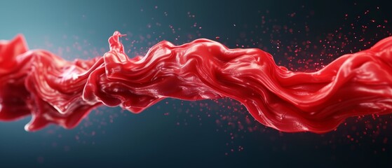 Wall Mural -  A red liquid streams down a blue wall, adjacent to a red object against a black backdrop