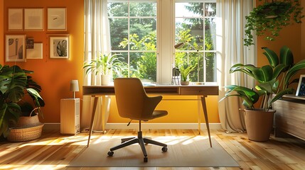 Wall Mural - A modern home office designed for remote work, featuring an ergonomic chair, a sleek desk with organized storage solutions, calming earthy colors, large windows letting in natural light,