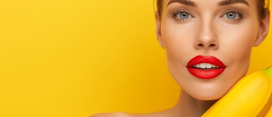 Wall Mural -  A woman grinning at the camera, banana in hand, lipstick boldly red