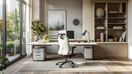 Wall Mural - A modern remote work hub with an ergonomic chair, a sleek desk with organized storage solutions, soothing neutral colors, large windows letting in natural light, and minimalistic decor,