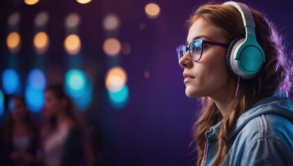 Teen hipster girl in stylish glasses and headphones listens to music mix in trendy nightclub lighting Her profile is against a purple studio background with copy space