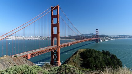 Poster - The Golden Gate Bridge against a clear blue sky, highlighting its distinctive orange color and the expansive view of the San Francisco Bay