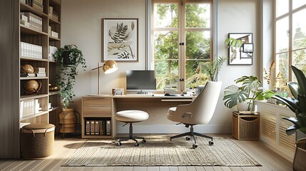 Canvas Print - A serene home office setup for remote work, featuring an ergonomic chair, a spacious desk with efficient storage, calming neutral tones, large windows for natural light, and simple, clean decor,