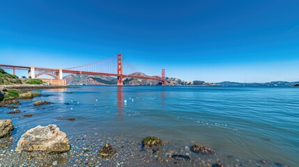 Sticker - The Golden Gate Bridge during a clear day, with its vibrant orange color standing out against the bright blue sky