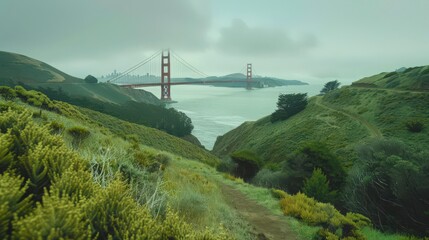 Sticker - The Golden Gate Bridge during the golden hour, with the bridge glowing in the soft light and the surrounding landscape bathed in warm hues.