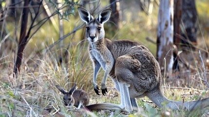 A female red kangaroo holds her juvenile joey while he reaches up for her
