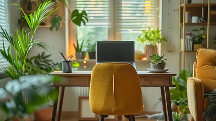 Canvas Print - A small and personalized freelancer's nook with a sleek desk, an ergonomic chair, and personal decor, featuring a laptop, a cup of coffee, and a few plants, with soft natural light, hd quality,