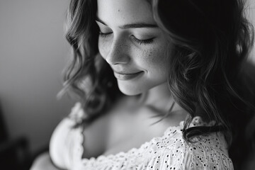 a black-and-white portrait of a pregnant woman looking down lovingly at her baby bump.