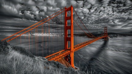 Sticker - The Golden Gate Bridge with clouds rolling in, creating a dramatic contrast between the bright orange of the bridge and the grey sky.