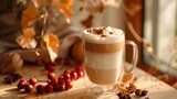 Delicious layered latte macchiato in clear glass with autumn leaves and spices on the table