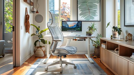 Wall Mural - A stylish remote work hub with an ergonomic chair, a modern desk with built-in storage, a calming color palette of soft blues and whites, large windows providing natural light, and minimalist decor,