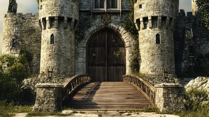 Wall Mural - The grand entrance of a castle with a large wooden drawbridge and a fortified gate, inviting visitors into its historic grounds.