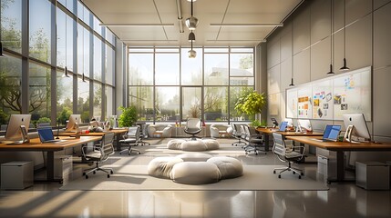 Wall Mural - A tech company office featuring open workspaces with sleek desks and chairs, collaborative zones with whiteboards and bean bags, a relaxing lounge area, and large windows offering natural light,