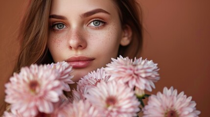 Beautiful young women with bouquet of pink chrysanthemum flowers on brown background. International Women's Day