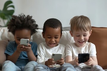 Three multiethnic little boys spend time on internet sit together on sofa look at phone screen, laugh, watching funny video, use new application. tech and younger generation, bad habit, Generative AI