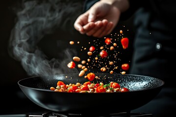 Professional chef hand in black uniform throws up frying mix of beans and tomatoes above the pan on dark background