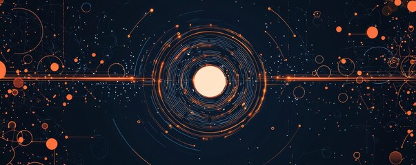 Poster - Abstract geometric digital design in orange and blue colors with circular patterns and connecting lines