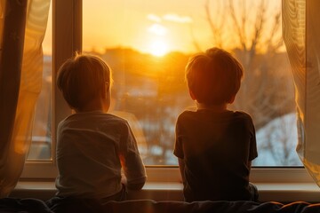 two boys looking out the window at sunset. the children sitting on the windowsill. Copy space for your text, Generative AI