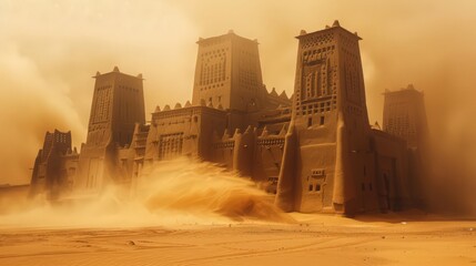 Poster - in the midst of a sandstorm, with its resilient structure standing strong against the harsh desert environment