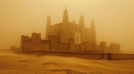 Poster - in the midst of a sandstorm, with its resilient structure standing strong against the harsh desert environment