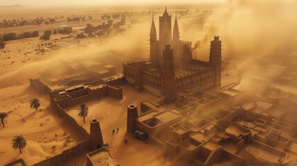 Poster - in the midst of a sandstorm, with its resilient structure standing strong against the harsh desert environment