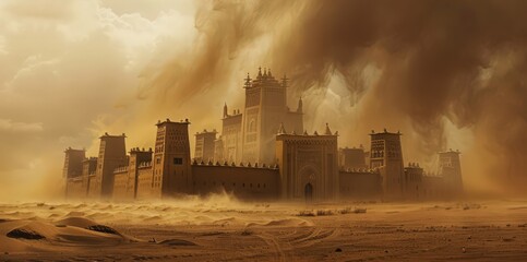 Poster - in the midst of a sandstorm, with its resilient structure standing strong against the harsh desert environment
