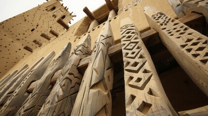 Wall Mural - exterior with a focus on the traditional wooden beams and the detailed design of the mud-brick facade