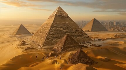 Wall Mural - The Great Pyramid of Khufu surrounded by the desert sands and a few scattered camels,