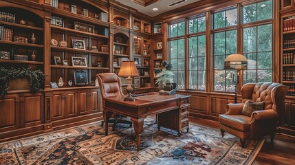 Wall Mural - An elegant home office with high-quality furniture, a large mahogany desk, a plush leather chair, tasteful decor such as antique bookshelves and framed artwork, warm ambient lighting,