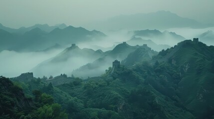 Wall Mural - The Great Wall as seen from a distance, stretching endlessly across the mountainous landscape,