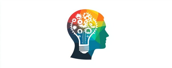 Poster - Creative human mind concept with light bulb and gears inside a colorful head illustration