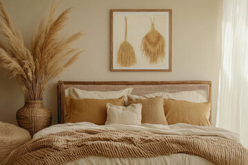 Sticker - Cozy Bedroom Interior with Wicker Headboard and Throw Blanket.