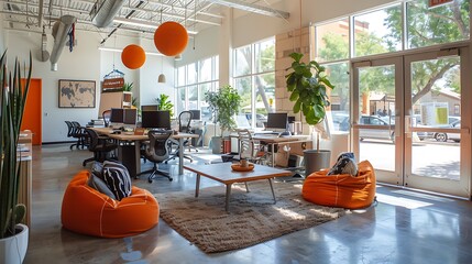 Canvas Print - An energetic startup office with creative and colorful decor, open workspaces, and a casual vibe, including modern furniture, flexible seating options like bean bags and standing desks,