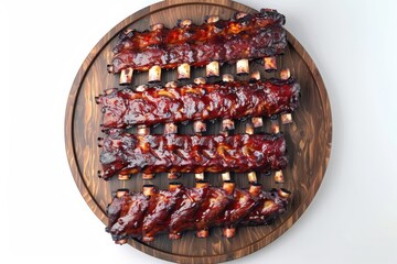 Canvas Print - Grilled pork ribs on a wooden tray in the white background