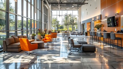 Poster - An open plan office with open seating, communal tables, and collaborative workspaces, featuring minimalist design, bright colors, and natural light from large windows,