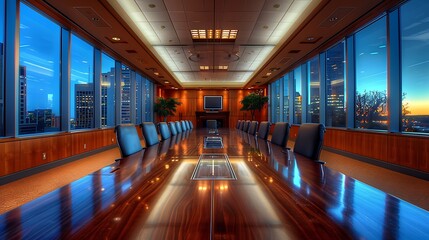 Wall Mural - An upscale corporate boardroom featuring a long conference table, executive chairs, state-of-the-art presentation tools, contemporary decor, and ambient lighting,