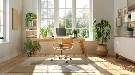 Wall Mural - A bright Scandinavian style office with light wood furniture, white walls, and minimalist decor, featuring large windows letting in natural light, a sleek desk, ergonomic chair,