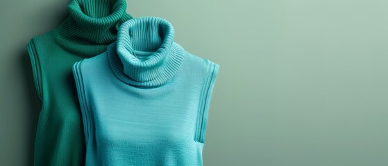  Two sweaters are hung on a wall A green scarf is draped over one sweater, hanging from its upper portion