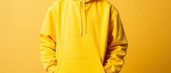 Wall Mural -  A man in a yellow hoodie stands before a yellow wall, hands tucked into pockets