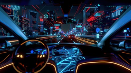 Poster - Visualize a self-driving car navigating through city traffic, utilizing advanced sensors and AI technology