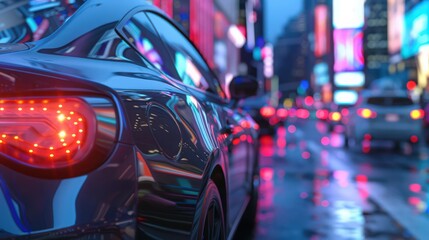 Poster - Visualize a self-driving car navigating through city traffic, utilizing advanced sensors and AI technology