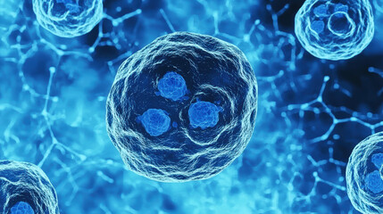 a blue cell with three dots on it