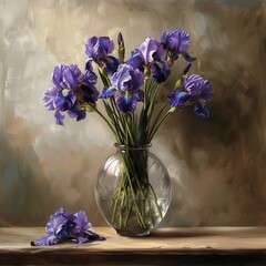 Wall Mural - 
irises in a light vase on the table realistic image